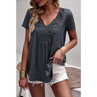 Azura Exchange Lace Crochet Patchwork V Neck T Shirt
