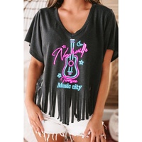 Azura Exchange Guitar Slogan Print Fringed V Neck Graphic Tee