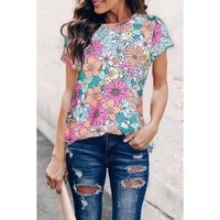 Azura Exchange Floral Print Asymmetric Hem Short Sleeve Top