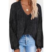 Azura Exchange Black Waffle Knit V Neck Long Sleeve Tunic Top