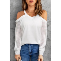Azura Exchange Cut-out Cold Shoulder Mesh Striped Long Sleeve T-shirt