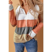 Azura Exchange Zipped Front Colorblock Hollow-out Knit Hoodie