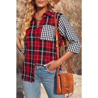 Azura Exchange Plaid Splicing Hit Color Pockets Long Sleeve Shirt