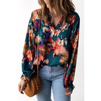 Azura Exchange Graffiti Printed V Neck Puff Sleeve Blouse