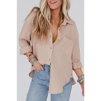 Azura Exchange Crinkled Khaki Shirt with Turn-down Collar and Button Closure