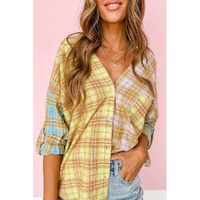 Azura Exchange Mixed Plaid Long Sleeve V Neck Buttoned Shirt