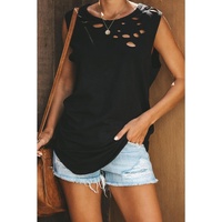 Azura Exchange Sleeveless Crew Neck Black Tank Top with Broken Hole Detail