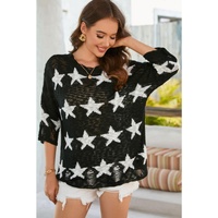 Azura Exchange Half Sleeve Distressed Knit Top with Star Print