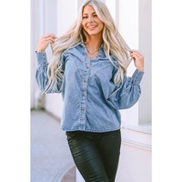 Azura Exchange V-shape Stitching Puff Sleeve Denim Shirt