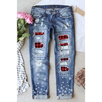 Azura Exchange Plaid Patch Snowflake Distressed Straight Jeans