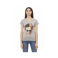 Trussardi Action Women's Elegant Gray V-Neck Tee with Front Print