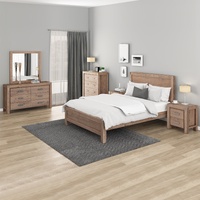 Bedroom Suite in Solid Wood Veneered Acacia Construction Timber Slat Size Oak Colour Bed, Bedside Table, Tallboy & Dresser 5 Pieces