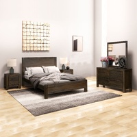 Bedroom Suite in Solid Wood Veneered Acacia Construction Timber Slat Size Chocolate Colour Bed, Bedside Table & Dresser 4 Pieces