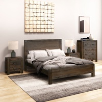 Bedroom Suite in Solid Wood Veneered Acacia Construction Timber Slat Size Chocolate Colour Bed, Bedside Table & Tallboy 4 Pieces