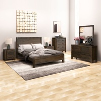 Bedroom Suite in Solid Wood Veneered Acacia Construction Timber Slat Size Chocolate Colour Bed, Bedside Table, Tallboy & Dresser 5 Pieces