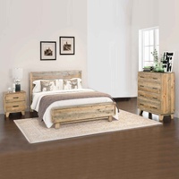 Bedroom Suite Size in Solid Wood Antique Design Light Brown Bed, Bedside Table & Tallboy 4 Pieces