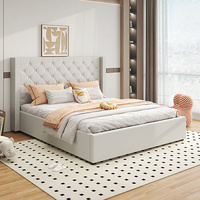 Veronica Bed Frame Winged Linen Fabric Seam Grid Pattern with gas lift plywood metal structure Grey