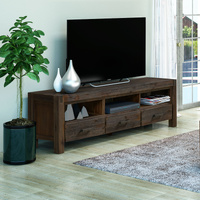 TV Cabinet with 3 Storage Drawers with Shelf Solid Acacia Wooden Frame Entertainment Unit in Chocolate