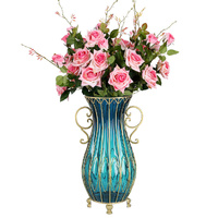 51cm Glass Tall Floor Vase with 12pcs Pink Artificial Artificial Flower Set