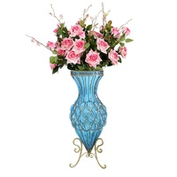 67cm Glass Tall Floor Vase and 12pcs Pink Artificial Artificial Flower Set