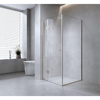 100 by 70cm Corner Frameless Shower Screen with Gold Channel and Brass Hinges, Round Handle