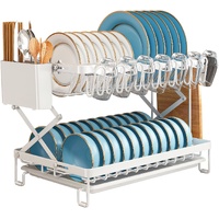 CARLA HOME 2-Tier Dish Drying Rack with Drainage Tray, Utensil Holder, Cup Hooks & Cutting Board Rack for Kitchen (White)