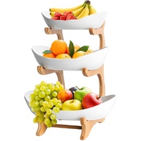 CARLA HOME 3-Tier Ceramic Fruit Bowl Basket with Bamboo Stand for Kitchen Counter, Snack Tray, Dessert Server & Vegetable Storage Rack