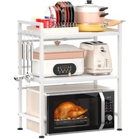 CARLA HOME 3-Tier Microwave Oven Rack with Adjustable Metal Kitchen Shelf Stand for Countertop Storage and 6 Hooks for Utensils