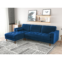 Sofa Chaise Navy Blue Colour Seamed Grid Pattern Pocket Spring Side Pillows Oblique Legs