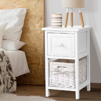 Bedside Table 1 Drawer with Basket Rustic White X2