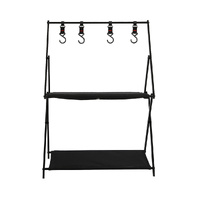  Foldable Camping Storage Shelves 2 Layer with Hooks Black