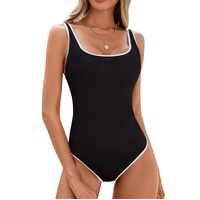 Women's Black One Piece Swimsuit with White Trim: Adjustable Strap, Ribbed, High Cut for Sports & Beach（S）