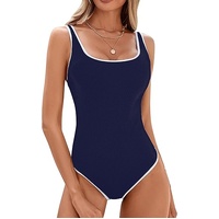 Women's Dark Blue One Piece Swimsuit with White Trim: Adjustable Strap, Ribbed, High Cut for Sports & Beach（S）