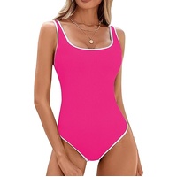 Women's Red One Piece Swimsuit with White Trim: Adjustable Strap, Ribbed, High Cut for Sports & Beach（S）