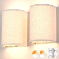 Battery Operated Wall Sconces Set of Two, Rechargeable Wall Lamp with Remote, 3 Colors Dimmable Fabric Wireless Sconces Wall Decor Set of 2 with Timer