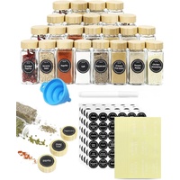 CARLA HOME 24 Glass Spice Jars with Bamboo Lids, Shaker Tops, 180 Spice Labels, White Pen & Funnel for Kitchen Organization, Spice Rack, Seasoning & H