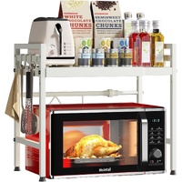 CARLA HOME 2-Tier Microwave Oven Rack with Adjustable Metal Kitchen Shelf Stand for Countertop Storage and 6 Hooks for Utensils (White)