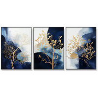 80cmx120cm Navy and Gold Watercolor Shapes 3 Sets Black Frame Canvas Wall Art 