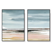 70cmx100cm Pink Beach Landscape 2 Sets Black Frame Canvas Wall Art