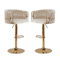 2x Height Adjustable Ivory Swivel Bar Stool Velvet Golden Round Base Barstools Chairs