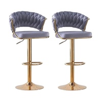 2x Height Grey Velvet Padded Golden Round Base Barstools Chairs