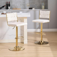 SERENITà  2x Velvet Bar Stools with Braided Back Elegant Kitchen High Chairs, Kitchen Island Stools Adjustable Height Swivel Bar Chairs with Gold Legs