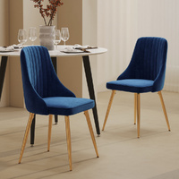 Viva Forever Set of 2 Blue Velvet Dining Chairs Äì Art Deco Design with Gold Metal Legs