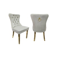 Set of 2 -Alsea Beige Velvet & Gold Polished Steel Dining Chairs Upholstered Tufted Stud Trim and Ring
