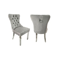 Set of 2 -Alsea Light Grey Velvet & Silver Polished Steel Dining Chairs Upholstered Tufted Stud Trim and Ring