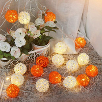 1 Set of Orange n White 5cm Rattan Cane 50 Ball Battery Powered LONG 5m String Lights Christmas Gift Home Wedding Party Bedroom Decoration Table Centr