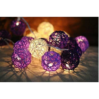 1 Set of Purple n White 5cm Rattan Cane 20 Ball Battery Powered 3m String Lights Christmas Gift Home Wedding Party Bedroom Decoration Table Centrepiec