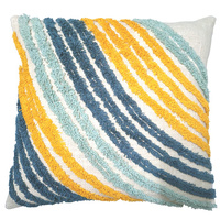 Cream cushion with blue/yellow tufted stripes 45x45cm