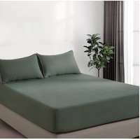 100% Vintage Washed Microfibre Fitted Sheet Set – Ultra Soft & Lightweight All-Season Fitted Sheet with 2 Pillowcases (Khaki Green, Queen Size)