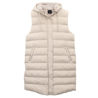Women's Longline Padded Vest Hooded Jacket Puffer Puffy Quilted Zip Coat Gilet, Khaki, 18